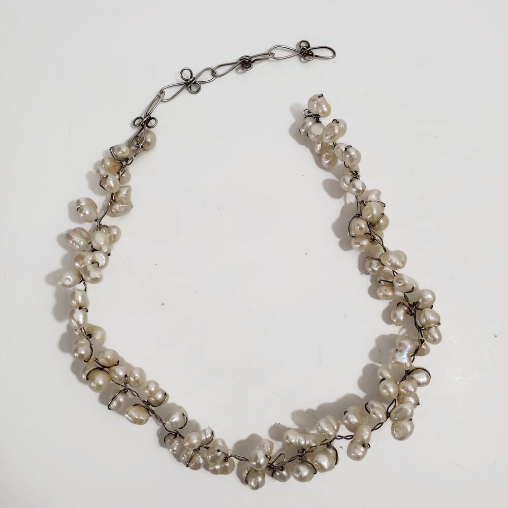 Freshwater Potato Pearl Wire Wrapped Sterling Silver Necklace 18" - Picture 5 of 9